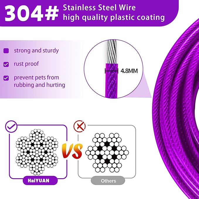 Dog Tie Out Cable 10/15/20/25/30 FT Runner for Yard Steel Wire Cable with Durable Superior Clips Purple Chains for Outside Dog Lead for Large Up to 165 Lbs