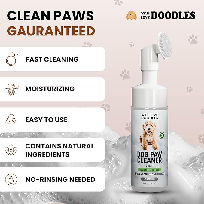 Dog Paw Cleaner (Over 100+ Feet Cleanings) No-Rinse Dog Foot Washer, Gentle and Safe Paw Cleaner for Dogs and Cats, Foam Formula, Moisturizes and Deodorizes, 150mL (Unscented) [We Love Doodles]