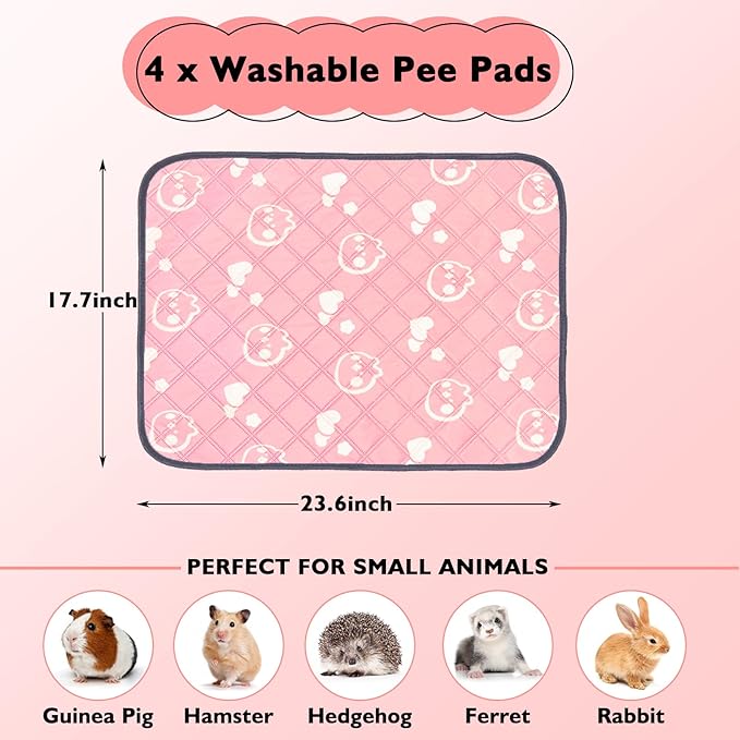 4 Pack Guinea Pig Bedding - Washable Guinea Pig Cage Liners, Waterproof Reusable & Anti Slip Pee Pads Super Absorbent Mats for Small Animals Pet Rabbit Bunny Hamster Rat (Pink, 24 x 18 Inch)