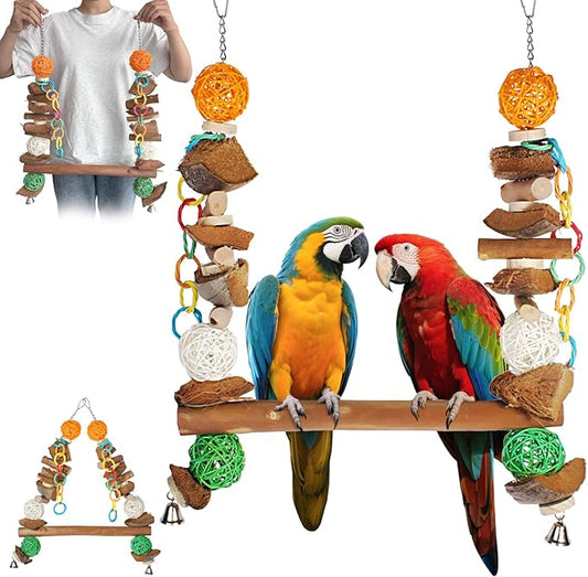 3-in-1 Parrot Toys Natural Coconut Fiber Parrot Hammock (Swing + Perch + Chew Toy) Natural Bird Perches for Medium Large Birds - 23" Bird Toys for Parrots Stand