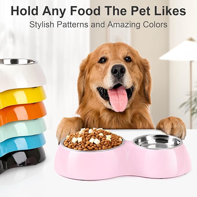 Double Dog Bowls Set – Non-Slip Pet Food & Water Dishes with Resin Stand, Includes Small (1 Cup) & Medium (2 Cups) Bowls – Ideal for Puppies, Cats, and Medium Dogs – Pink