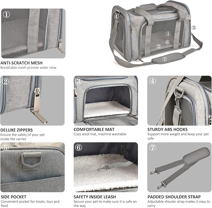 Cat Carriers Dog Carrier Pet Carrier For Small / Medium Cats Dogs Puppies (Up To 15lbs), TSA Airline Approved Small Dog Carrier Soft Sided, Collapsible Waterproof Travel Puppy Carrier - Grey