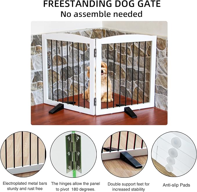 Freestanding Panel Dog Gate for Indoor, Doorways,Stairs, or Hallways,Foldable Wooden Dog Gates for House,Pet Gate for Dogs,Dog Fence, Puppy Gate,Support Feet Included,32 "Height-2 Panels,White
