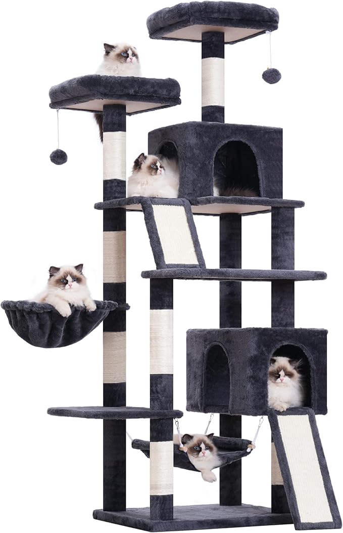 Cat Tree for Indoor Cats, 71'' (180cm) Multi-Level Cat Tower for Large Adult, Sturdy Cat Tree House with 2 Scratching Boards 7 Posts, 2 Plush Perches/Condos, Hammock, Smoky Gray GCT032G