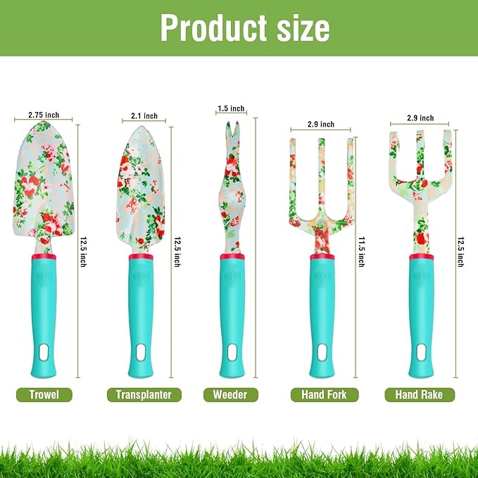 Garden Tools Set WANCHI 10 Piece Heavy Duty Floral Garden Tool Set Gardening Gifts for Women Men Birthday Rust-Proof Aluminum Garden Hand Tools Gardening Kit with Tote Bag Apron Glove