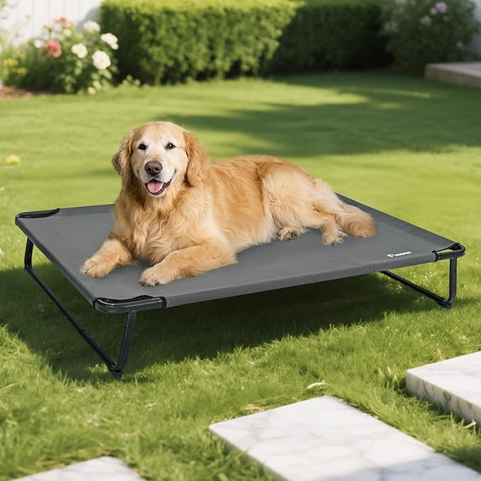 Elevated Dog Bed, Outdoor Dog Bed Large Raised Cooling Pet Beds Cots Waterproof Stable and Easy Assembly, Teslin Fabric with 1.2mm Thick Iron Frame, Breathable, Ultra-Sturdy，Grey, 42”*28“*8”