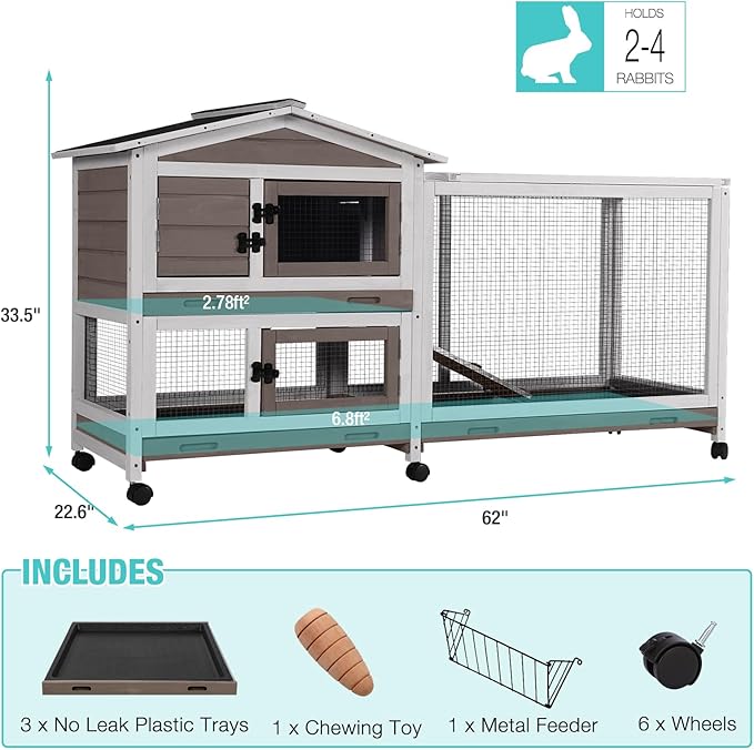62" Rabbit Hutch with Chew-Proof Ramp & Waterproof Roof - Indoor/Outdoor Bunny Cage, 2-Story Design, 6 Lockable Caster Wheels & Dual Pull-Out Trays (Brown)