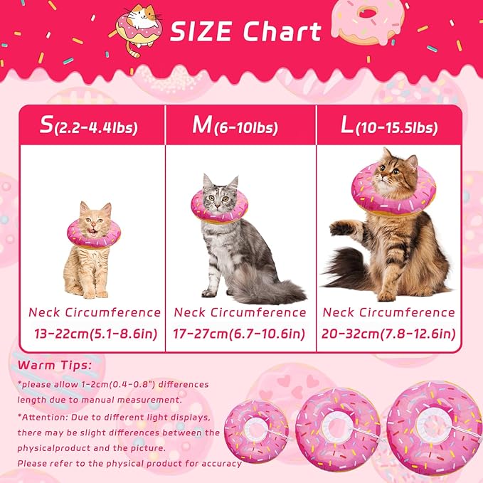 Cat Cone Soft Collar, Adjustable Cat Recovery Collars Kitten Cones to Stop Licking, Cute Donut E Collar After Surgery, Elizabethan Healing Protective Cones After Spay (Donut Pink, Large)