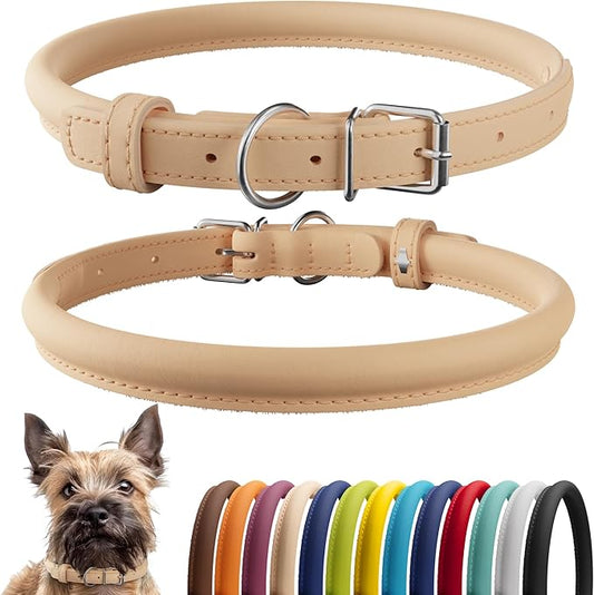 CollarDirect Rolled Leather Dog Collar, Soft Padded Round Puppy Collar, Handmade Genuine Leather Collar Dog Small Large Cat Collars 13 Colors (6 Inch, Beige Smooth)