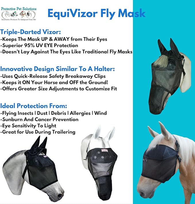 95% UV Eye Protection (Pony) Standard Horse Fly Mask - Help with Uveitis, Corneal Ulcer, Cataract, Light Sensitivity, Cancer. Designed to Stay On Your Horse, Off The Ground!