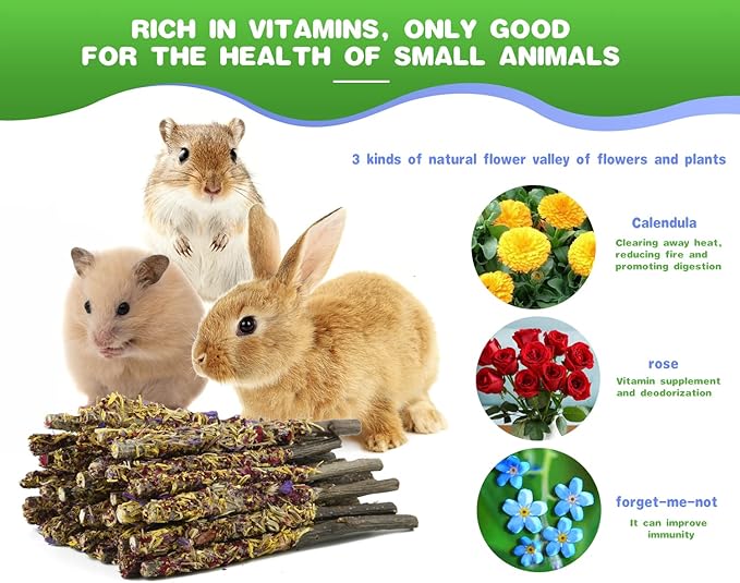 Abizoo Bunny Chew Toys for Rabbits,18PCS Natural Apple Wood Sticks with Petals Good for Chinchillas Guinea Pig Hamster Teeth Care, Bunny Small Pet Treats Teething Toys| Natural Organic Safe