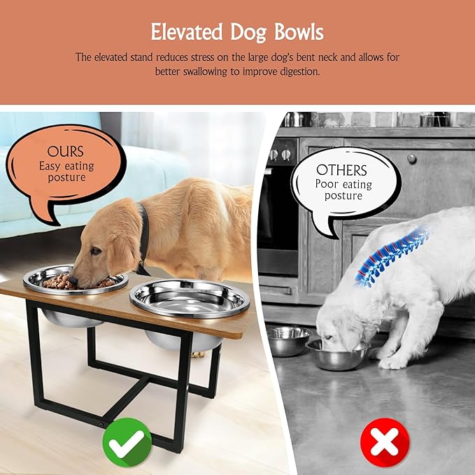 Elevated Dog Bowls for Large Dogs, Raised Dog Bowl Stand with Two X-Large Stainless Steel Bowls for Dogs, 3.5L Capacity, Rustic Walnut