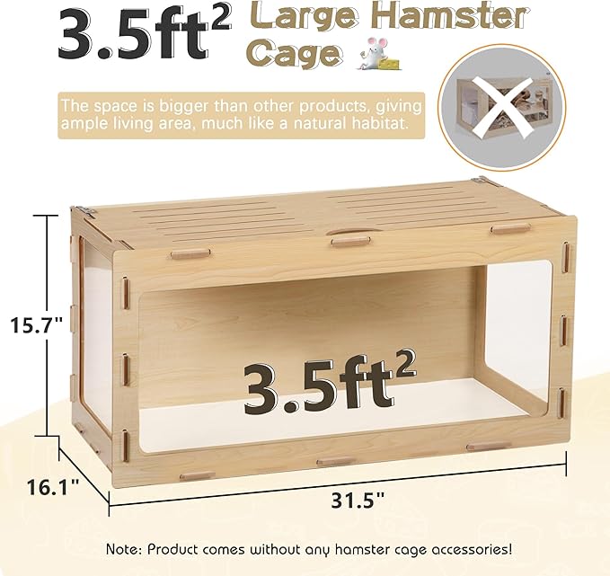 COZIWOW Wooden Hamster Cage Chewproof, Bigger World - 32" Large Hamster Cages and Habitats, Openable Top & 3 Side Acrylic Sheets, Small Animal Cage Pet House for Syrian Dwarf Guinea Pig Chinchilla