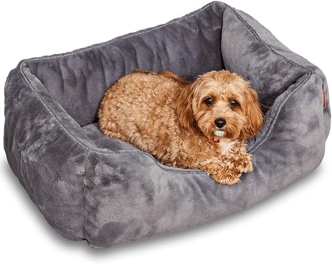 FUZI Luxury Aesthetic Dog Bed for Small Dogs with Washable Cover, Pet Couch, Pet Bed with Sides, Non-Slip Bottom, Soft & Durable Calming Dog Bed, Faux Rabbit Fur Cover, Small 25.1x16.75x9.5 Dark Grey