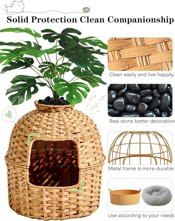 Cat Litter Box Plant Furniture Enclosure, Hidden Handwoven Rattan with Cat Litter Box and Artificial Plants, Odor Control Filter, Real Stones in Living Room, Bedroom, Corner Natural