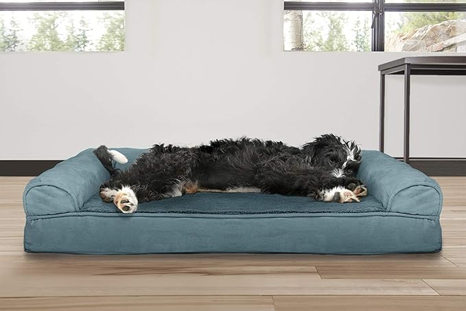 Furhaven Cooling Gel Dog Bed for Large/Medium Dogs w/ Removable Bolsters & Washable Cover, For Dogs Up to 55 lbs - Plush & Suede Sofa - Deep Pool, Large