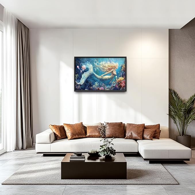 Extra Large Framed Mermaid Wall Art,Oversized Undersea Ocean Wall Decor,Colorful Coral Reefs Pictures for Living Room,Elegant Canvas Print Painting Modern Artwork Bedroom Bathroom 36L x 24W