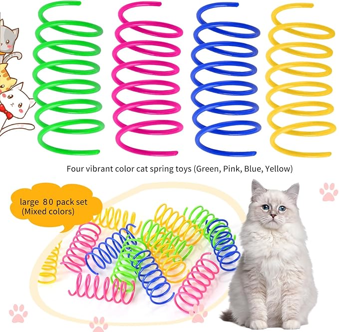 Cat Spring Toys 80 Pack, Colorful Plastic Coils Cat Kitten Spiral Spring Interactive Cat Toy for Swatting, Biting, Hunting