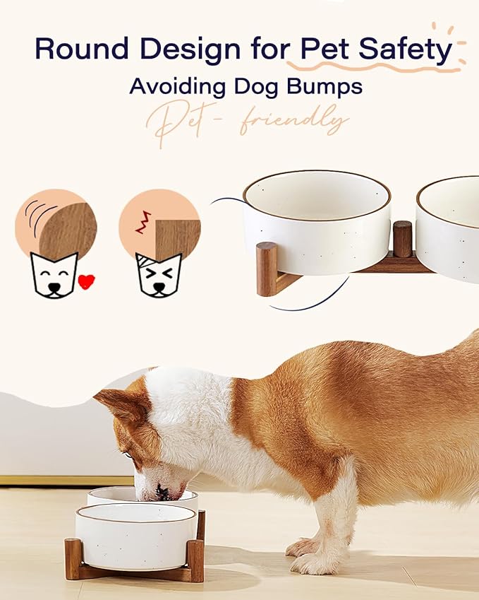 Getstar Ceramic Dog Bowls with Acacia Wood Stand, 30 fl oz, Set of 2, Dog Food Bowl with Colored Rim