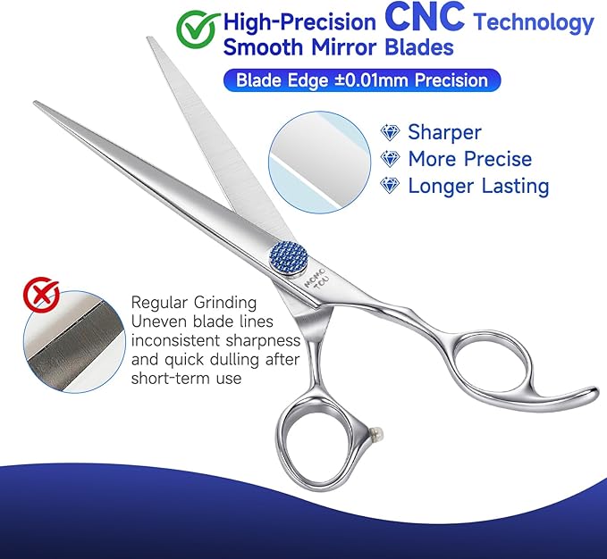 7'' Dog Grooming Scissors CNC 440C Blades Sharp and Durable Polished Straight Dog Shears with Blue Diamond Adustable Screws Easy to Use for Groomer and Home User