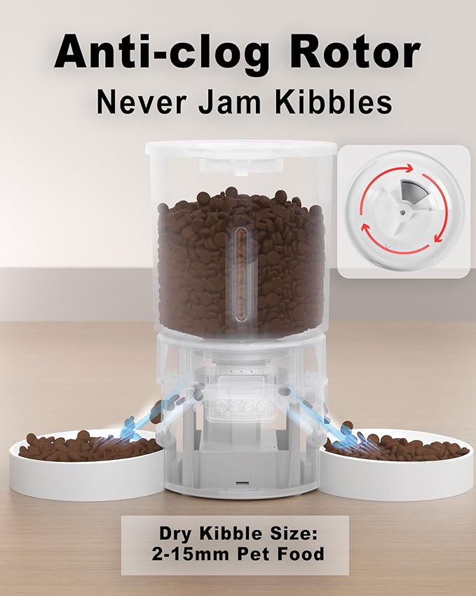 Dual Automatic Cat Feeder 2 Cats,6 Meals/Day,12 Portions/Meal,4.2L Dual Power Double Bowls Feeder,Dry Food Auto Pet Dispenser,10S Voice Record,Flexible Schedule Timer (White,Basic Dual Bowls)