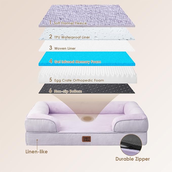 EHEYCIGA Orthopedic Dog Beds for Extra Large Dogs 44x32Inch, Waterproof Memory Foam XL Pet Bed with Sides, Non-Slip and Egg-Crate Foam Big Dog Couch Bed with Washable Removable Cover, Lilac