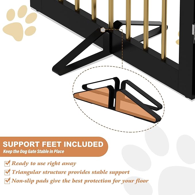 Freestanding Pet Gate for Dogs, Indoor Wooden Dog Gate for House, Extra Wide Dog gate, Foldable Dog Gate for Stair, Doorway, Hall, Support Feet Included, 120 Inch Wide, 6 Panels 32",Black&Gold