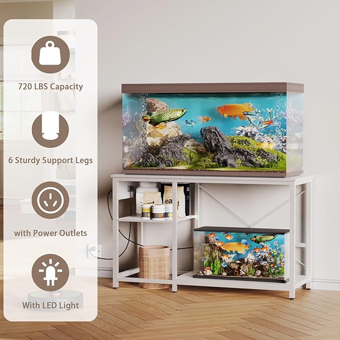 50-75 Gallon Fish Tank Stand with Power Outlet & LED Light, Metal Aquarium Stand with 3 Tier Adjustable Storage Shelves, Tank Stand for Reptile Tank, Turtle Tank, 52" L*19.5" W, White