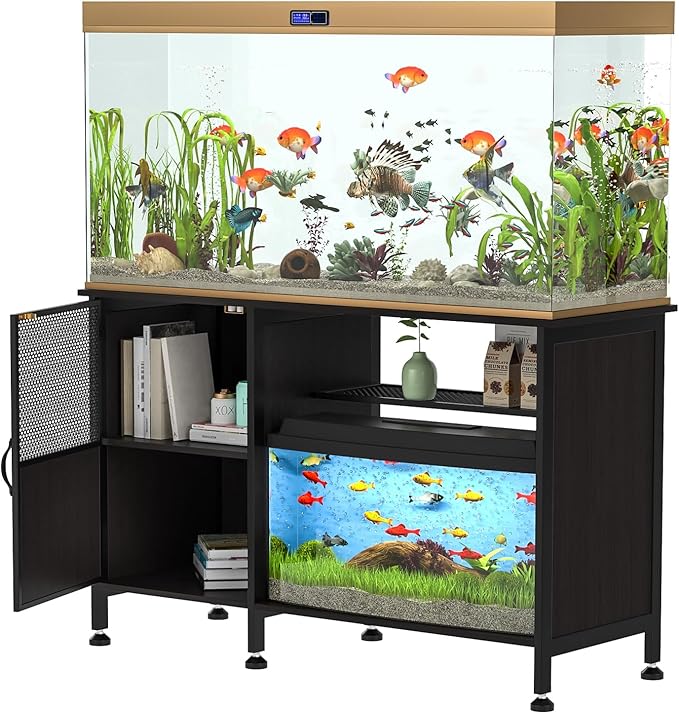 Fish Tank Stand, Modern Aquarium Stand with Built-in Cabinet and Shelves - Sleek Black Iron and Wood Grain Design for Stylish Home Décor（ 51.97" x W 19.69" x H 31.5"） Black