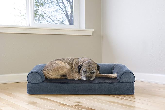 Furhaven Cooling Gel Dog Bed for Medium/Small Dogs w/ Removable Bolsters & Washable Cover, For Dogs Up to 35 lbs - Sherpa & Chenille Sofa - Orion Blue, Medium