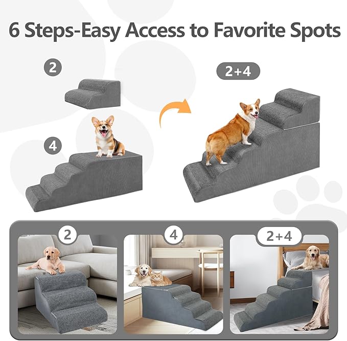 ABORON 𝟲 𝗦𝘁𝗲𝗽𝘀 Dog Steps for High Bed, 26 Inch High Dog Stairs for Small Dogs, Waterproof Pet Stairs for Small Old Large Dogs and Cats with Removable Cover & PE Support Board for Bed/Car/Couch