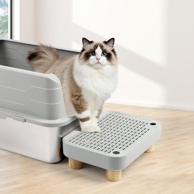 Cat Litter Box Step Ramp, Cat Litter Catcher Mat with Wooden Feet, Filter Function, Cat Pedal Stool for Self-Cleaning Cat Litter Box, Ideal for Kitten & Elderly Cats (Light Grey)