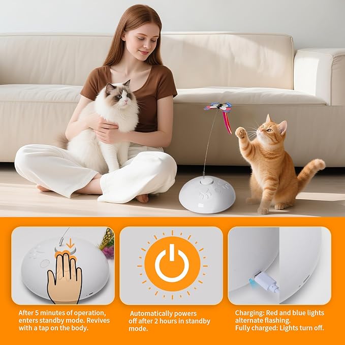Cat Toy 3in1 Automatic Interactive Wand Toy for Indoor Cats,Moving Butterfly&Glowing Feathers Speedy Tail,Rechargeable Cat Enrichment Toys for Kittens