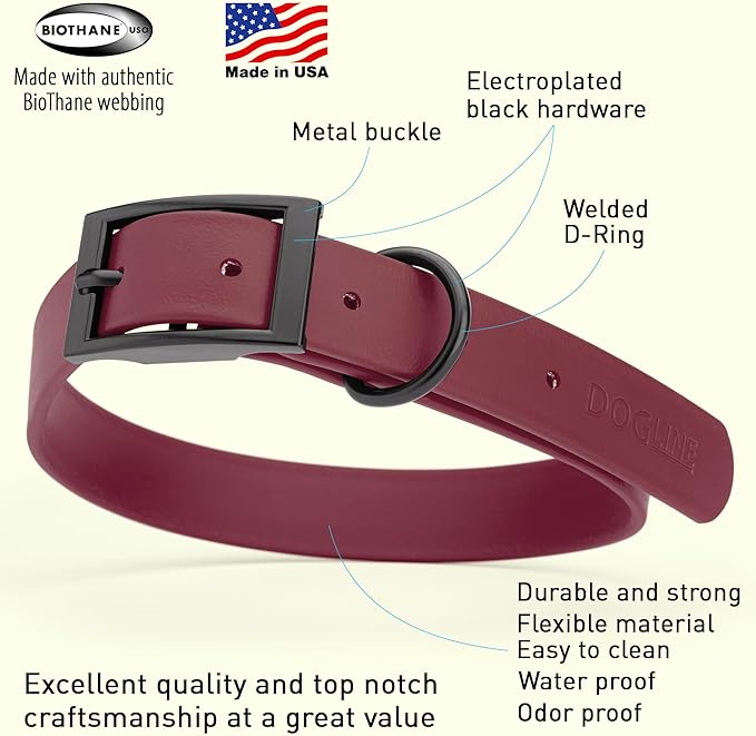 Dogline Biothane Waterproof Dog Collar Strong Coated Nylon Webbing with Black Hardware Odor- Proof for Easy Care Easy to Clean High Performance Fits Small Medium or Large Dogs, Merlot Burgundy