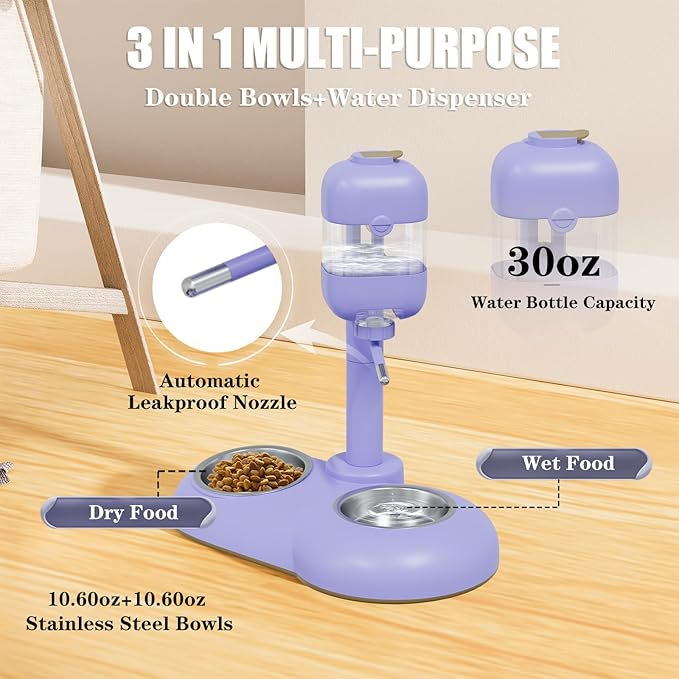 Dog Bowls with Puppy Weaning Bottles,3 in 1 Bowl Set with Water Dispenser and 2 Food Grade Stainless Steel Dog Bowls,15°Tilted Cat Food and Water Bowl Set for Cats,Bunnies,Ferrets