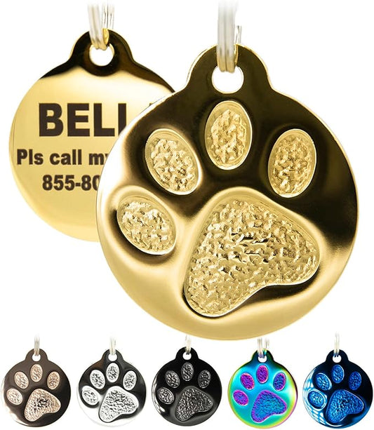 Engraved Pet Tag for Dogs and Cats - Personalized Front & Back up to 4 Lines of Text Custom Engraved ID, Round Paw Print Solid Plating Stainless Steel Gold Regular