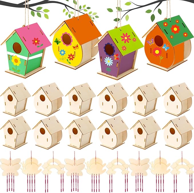 30 Pcs Crafts DIY Bird House Wind Chime Kit Unfinished Wood Birdhouse Kits 12 Wooden Birdhouses & 18 Wind Chimes Build and Paint Birdhouses Bulk Crafts Set