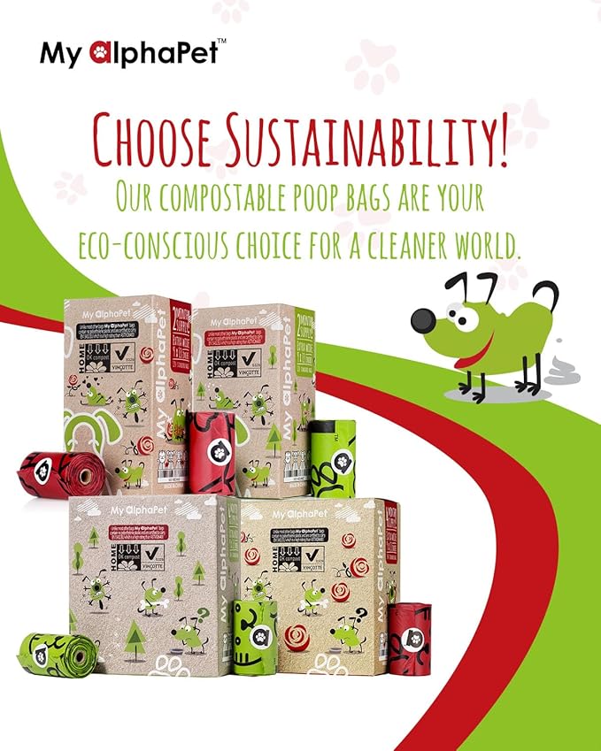 Compostable Dog Poop Bags, Cornstarch Eco-Friendly, HOME COMPOST NF T 51-800, 240 Count, Large Size Bag 9x13 Inches, 16 Unscented Refill Rolls, Leak-proof, Plantbased, GM-Free Corn (Red)