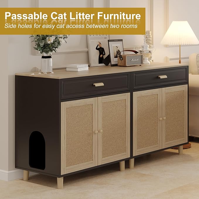 Cat Litter Box Enclosure Furniture Hidden - Indoor 2-in-1 Wooden Cat House & Washroom Cabinet with Scratching Board Doors and Drawer, 31.5”x21.6”x34.6”, Black