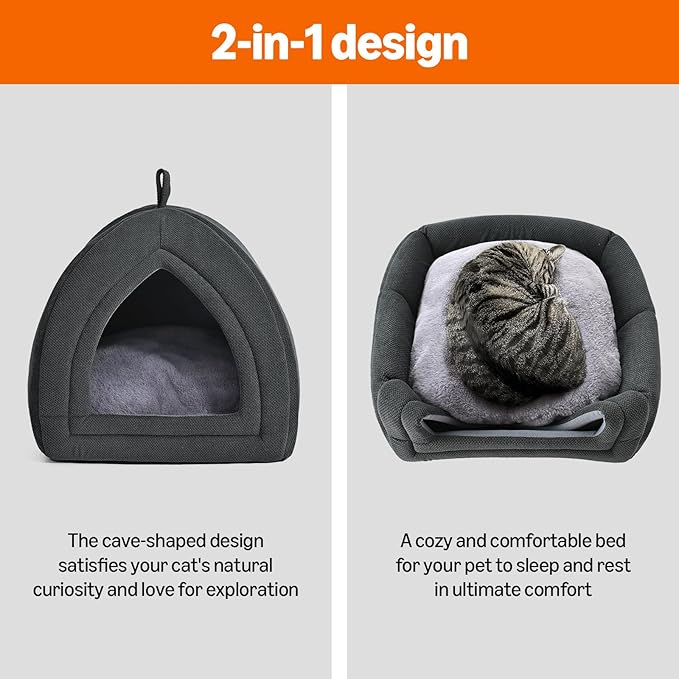 Amazon Basics Cat Cave Bed, 2-in-1 Foldable House for Indoor Cats, with Washable Cushion and Non-Slip Base, 17.5 x 17.5 Inches, Large