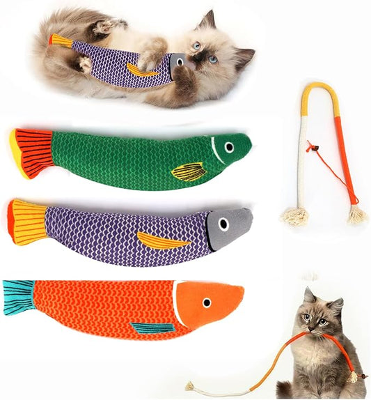 Cat Toys for Indoor Cats, 3 Catnip Fish Kicker with Little Bell Sound and Bonus Rope Toy, Soft and Durable Interactive Cat Fish for Kitten Exercise, Teething, and Play