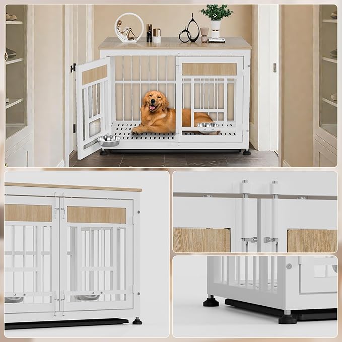 Dog Crate Furniture End Table, 38 Inch Hidden Kennel Cabinet with Removable Tray, Thickened Metal Frame Dog Cage, Dual-Purpose Pet House & Nightstand for Living Room