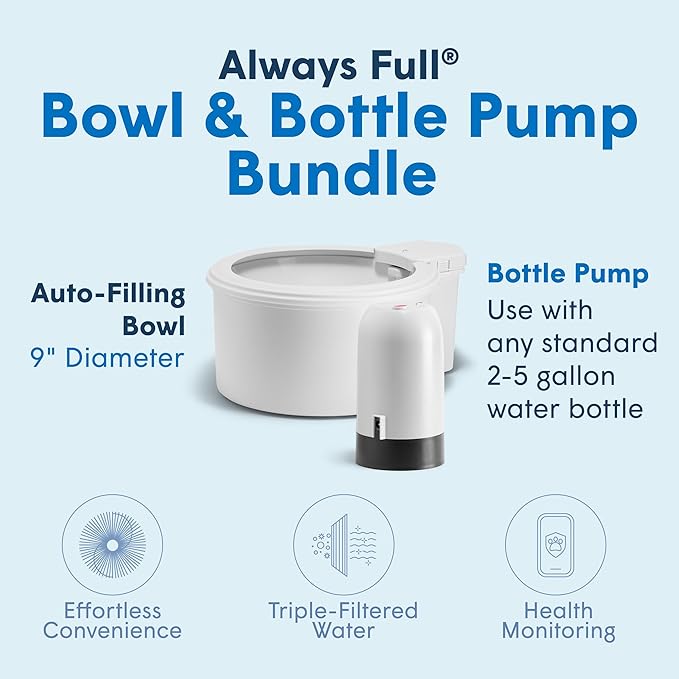 Always Full® 9" Pet Water Bowl and Bottle Pump Bundle, Self-Refilling, Clean Filtered Water, App-Enabled Hydration Monitoring, Easy Upgrade to Wall Unit, Cat and Dog Water Bowls
