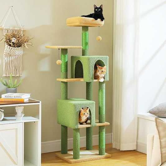 Cactus Cat Tree, 62-Inch Large Cat Tower for Multi-Cat Households w/Scratching Posts, Multi-Level Condo w/Cozy Top Perch & Scratching Pad, Padded Platform, 2 Pompoms, Green