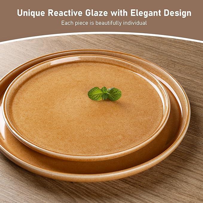 GBHOME Ceramic Dinnerware Sets for 4, 12 Pieces Stoneware Plates and Bowls Sets, Scratch Resistant Dishes, Dishwasher & Microwave Safe, Reactive Glaze-Amber