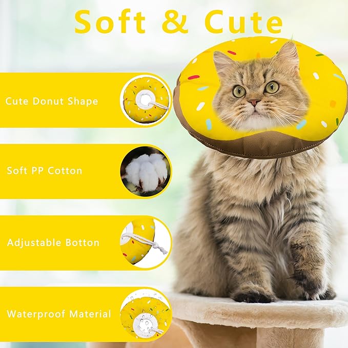 Cat Cone Collar Soft, Adjustable Cat Recovery Collar Kitten Cones to Stop Licking, Cute Donut E Collar After Surgery, Cats Neck Pillow Cone Elizabethan Cones of Shame (Waterproof Yellow, Small)