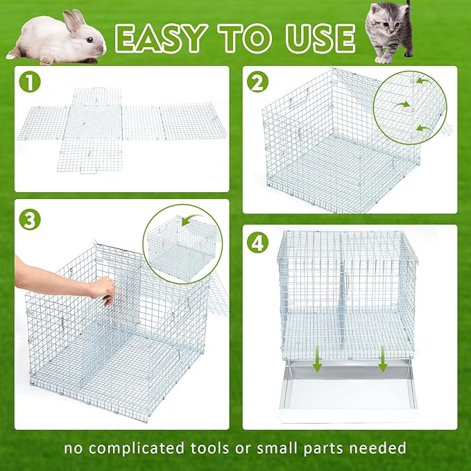 Folding Rabbit Cage, 18 x 18 x 14 in Portable Bunny Carrier with Tray and Handles for Transport, Trave or Temporary Housing, Indoor Outdoor Pet Habitat Animal Enclosure
