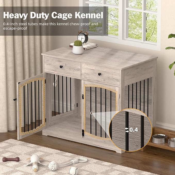 40 Inch Furniture-Style Dog Crate-Multipurpose Wood Pet Crate Furniture with Double Doors,2 Drawers, Decorative Dog House Indoor for Smal/Medium Dogs, Gray Finish