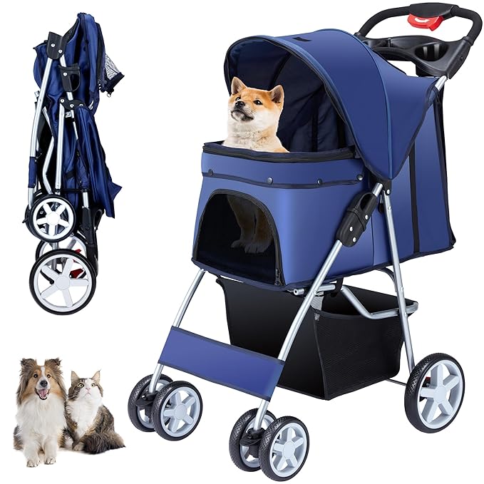 4 Wheels Pet Stroller for Small Medium Dogs Cats 10-33 lbs, Foldable Dog and Cat Stroller with Cup Holder & Storage Basket & Breathable Mesh, Pet Strolling Cart for All-Season, Navy Blue