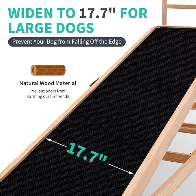 Dog Ramp, 5 Level Adjustable Height Folding Pet Ramp for High Bed, Portable Paw Ramps Large Bed Ramp for Medium & Large Old Dogs & Cats - Natural Wood Furniture Quality
